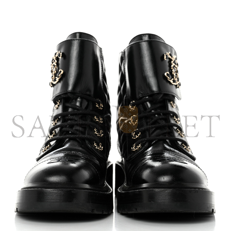 CHANEL SHINY CALFSKIN QUILTED LACE UP COMBAT BOOTS 